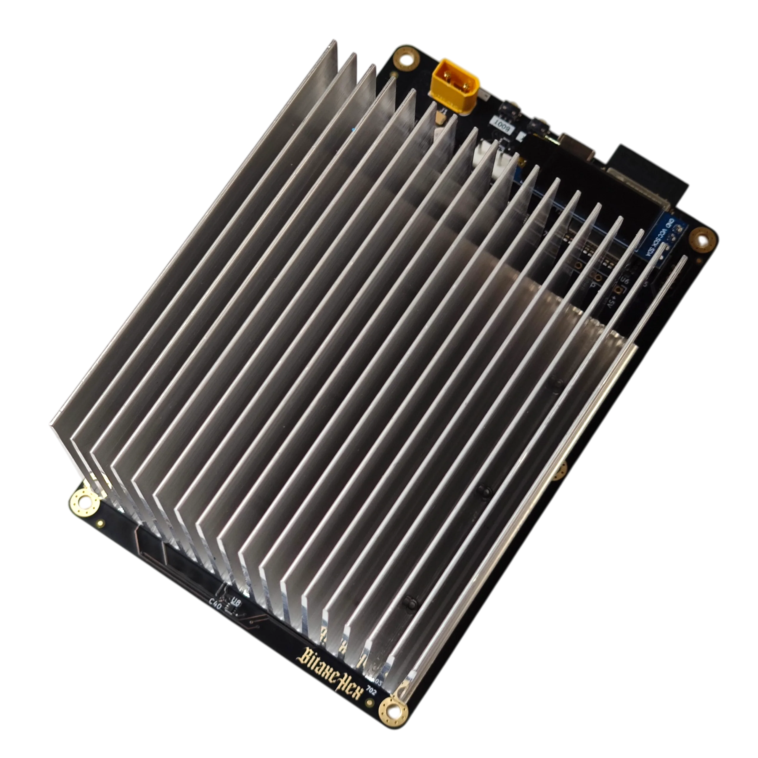 Bitaxe Hex bare board, angled view of heatsink fins and yellow XT30 power connector