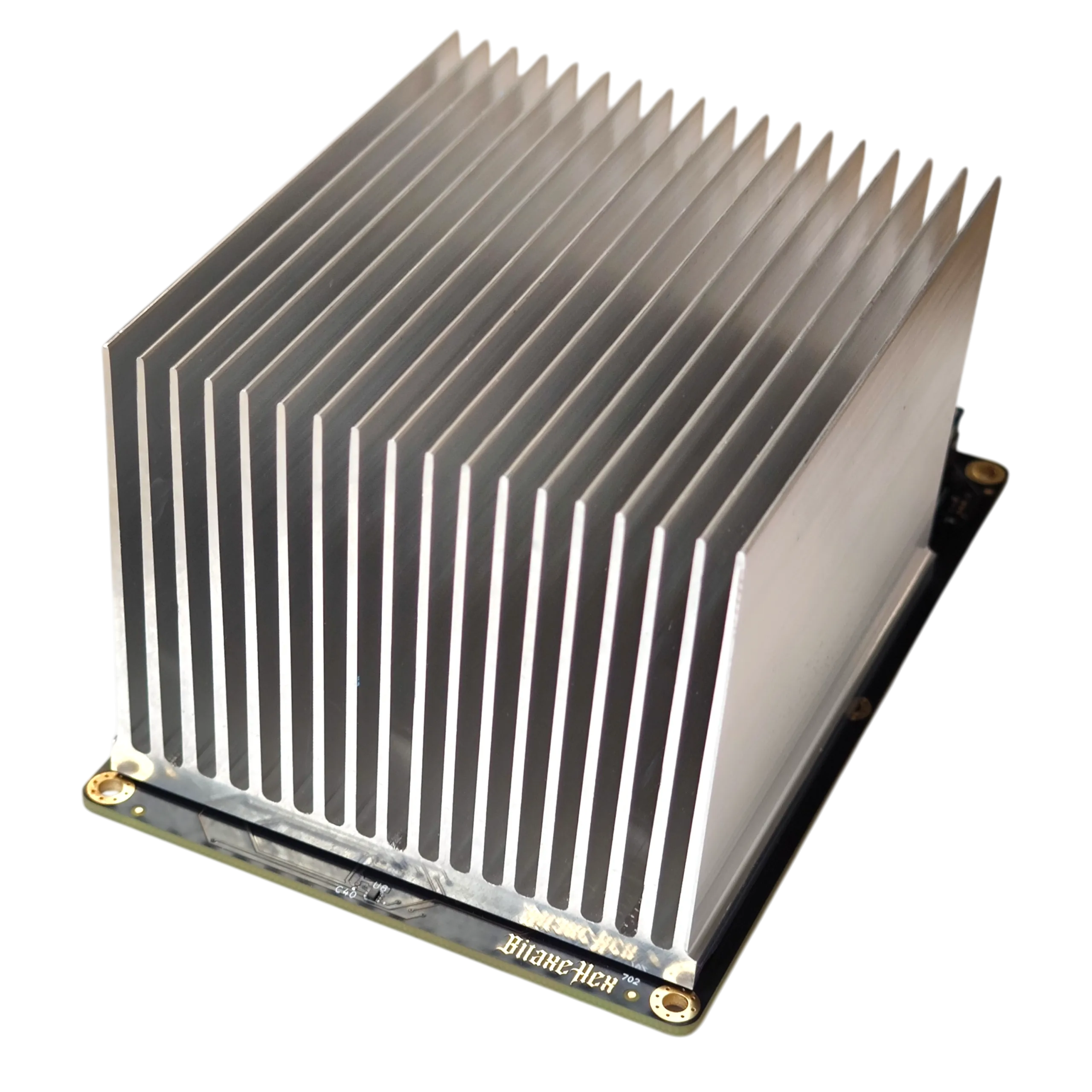 Bitaxe Hex bare board topped with a large finned aluminum heatsink