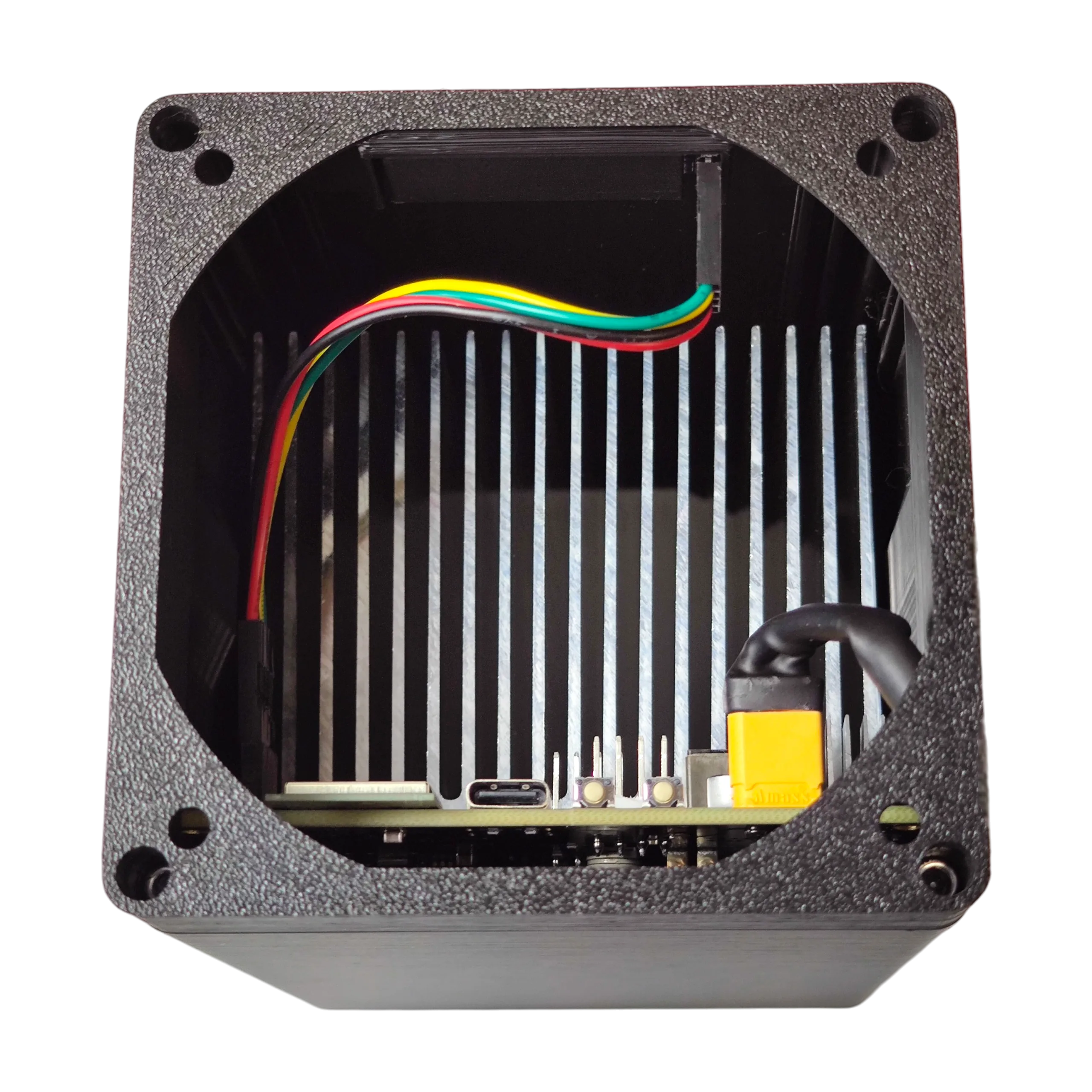 Bitaxe Hex internal view: finned heatsink, USB-C port and yellow XT30 power connector