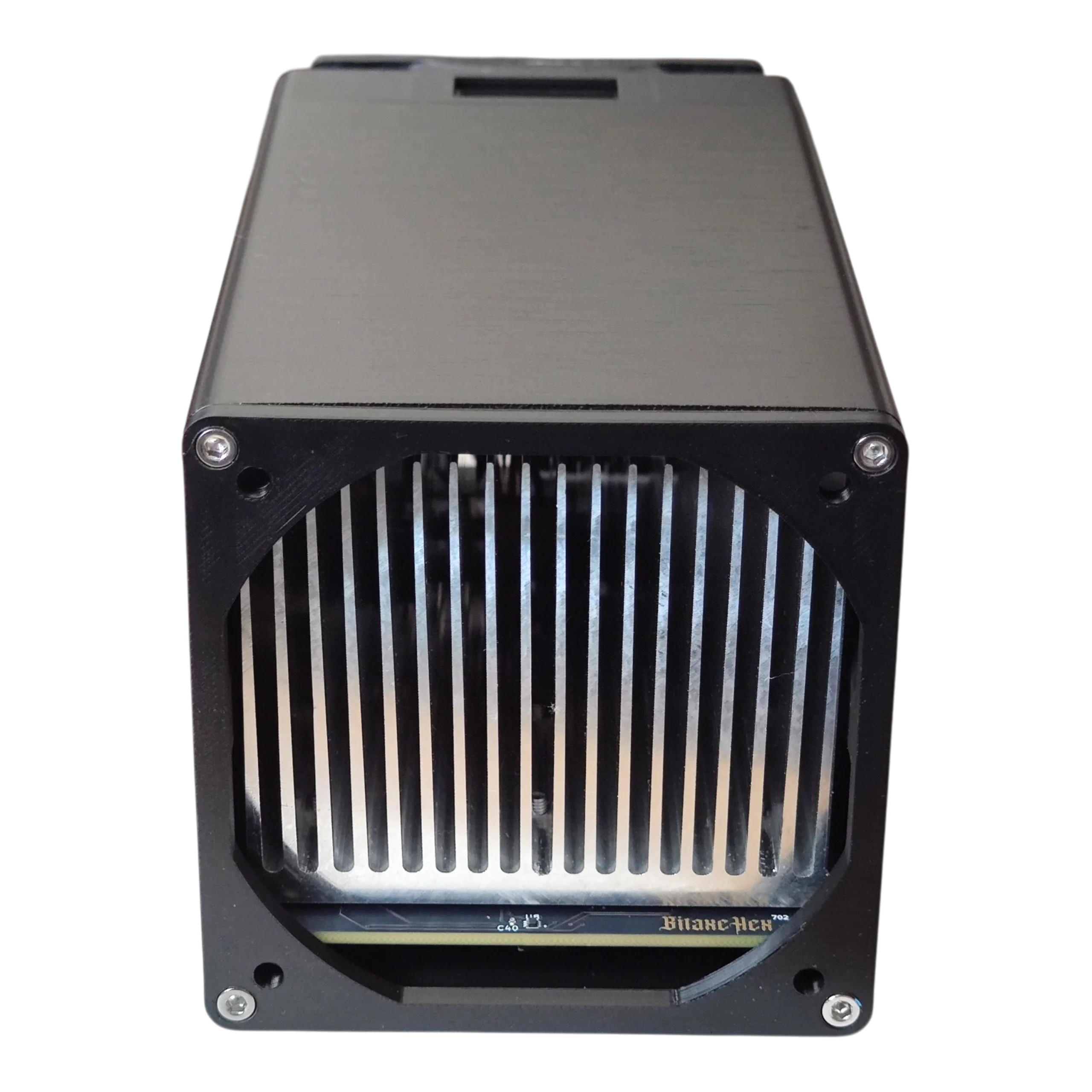 Bitaxe Hex rear vent grille head-on, vertical slots over the cooling fan