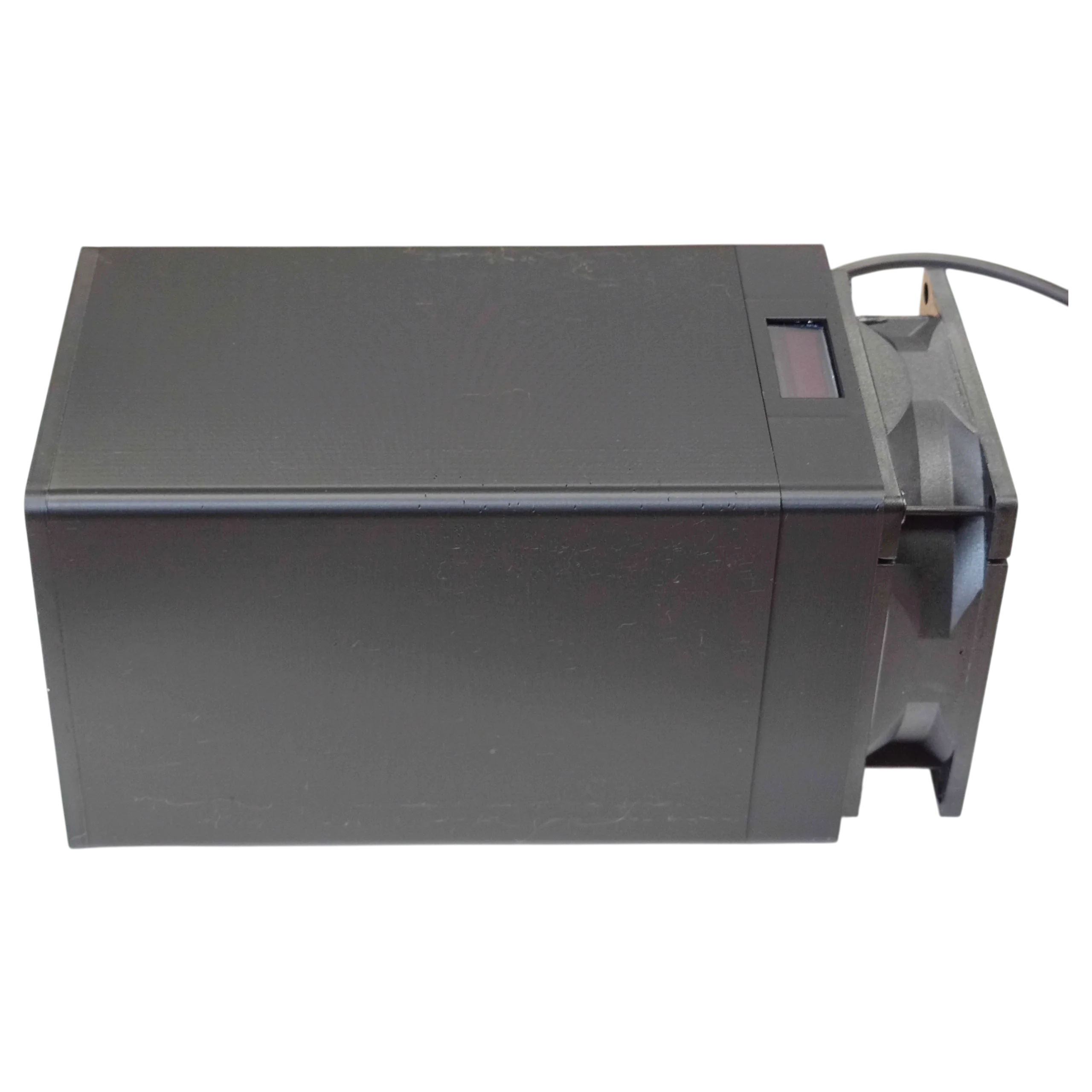Bitaxe Hex side profile showing cooling fan, OLED display and power cable