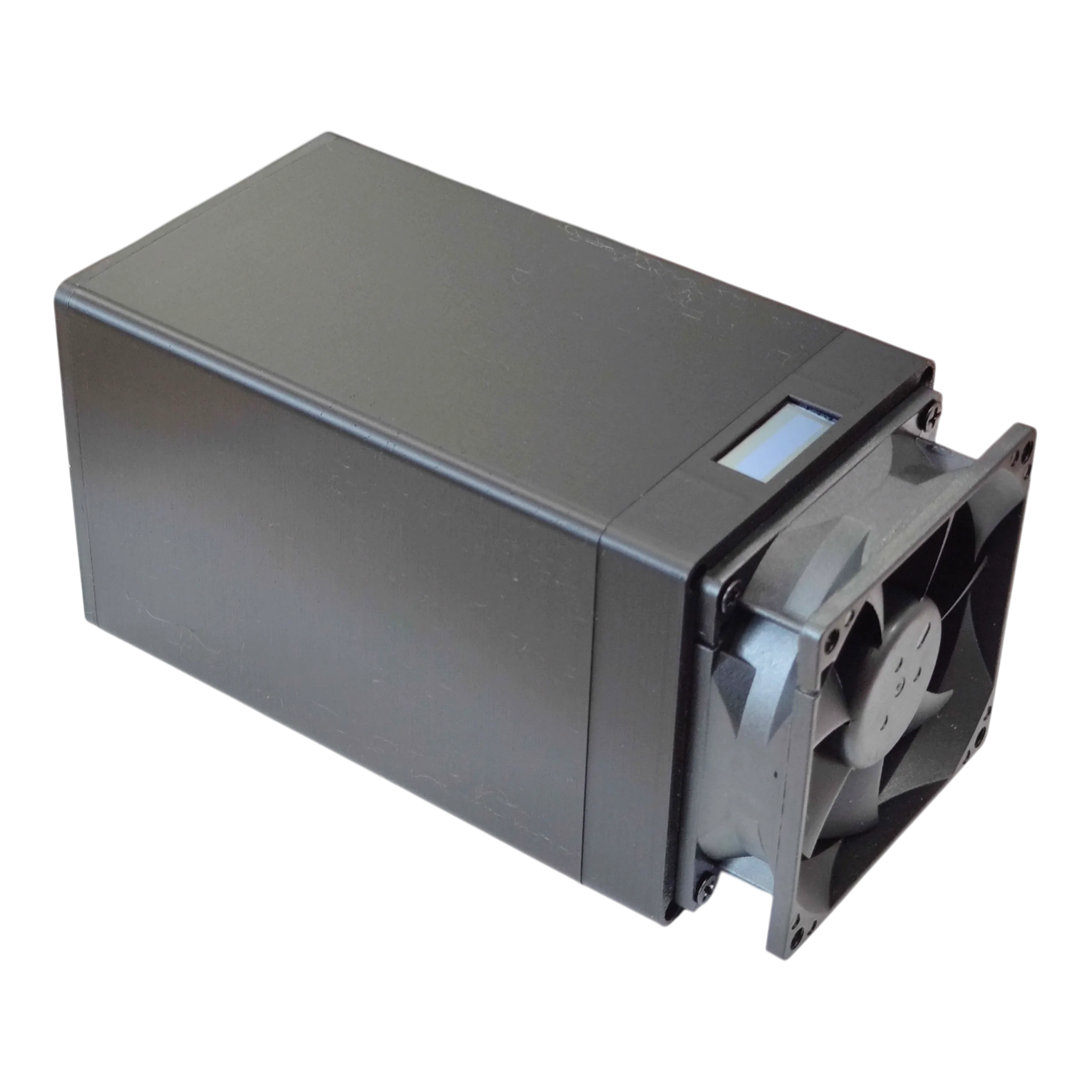 Bitaxe Hex rear cooling fan and top-edge OLED display on black enclosure