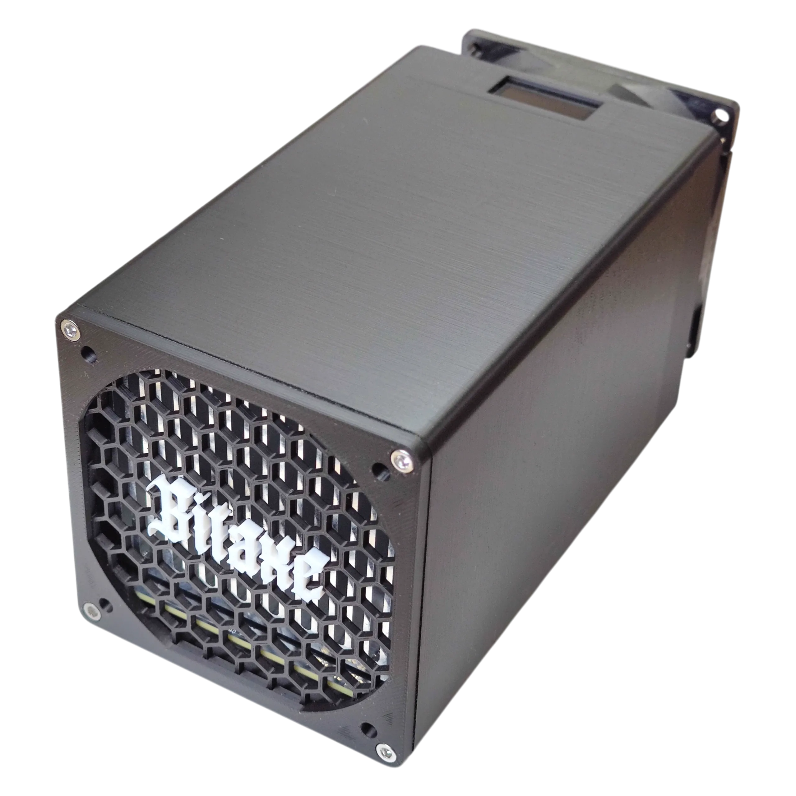 Bitaxe Hex enclosure top corner with OLED status display on the top edge