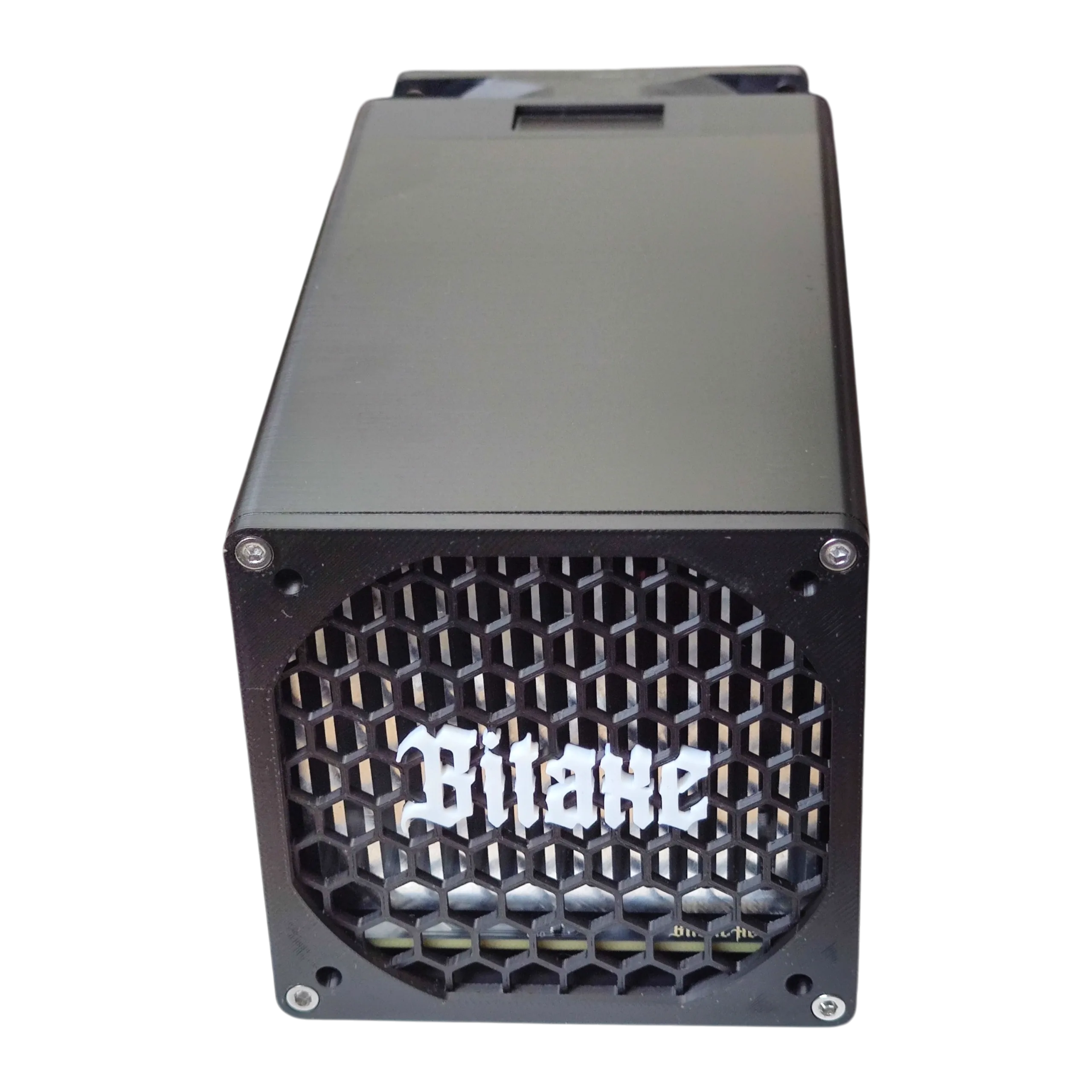 Bitaxe Hex tower enclosure front, hexagonal honeycomb grille with Bitaxe logo, head-on view