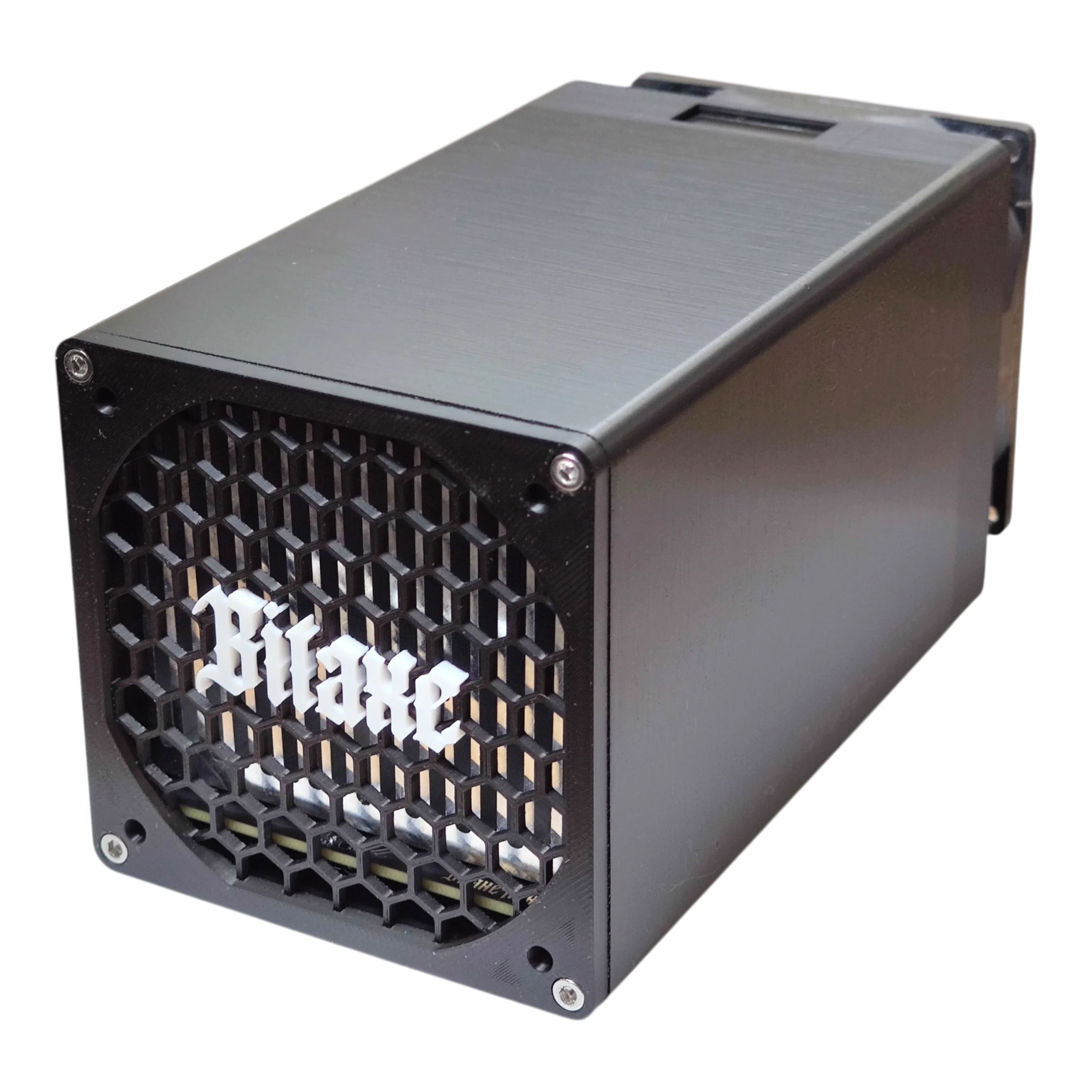 Bitaxe Hex 6-chip open-source solo Bitcoin miner in black tower enclosure, hex honeycomb grille front, 3/4 view