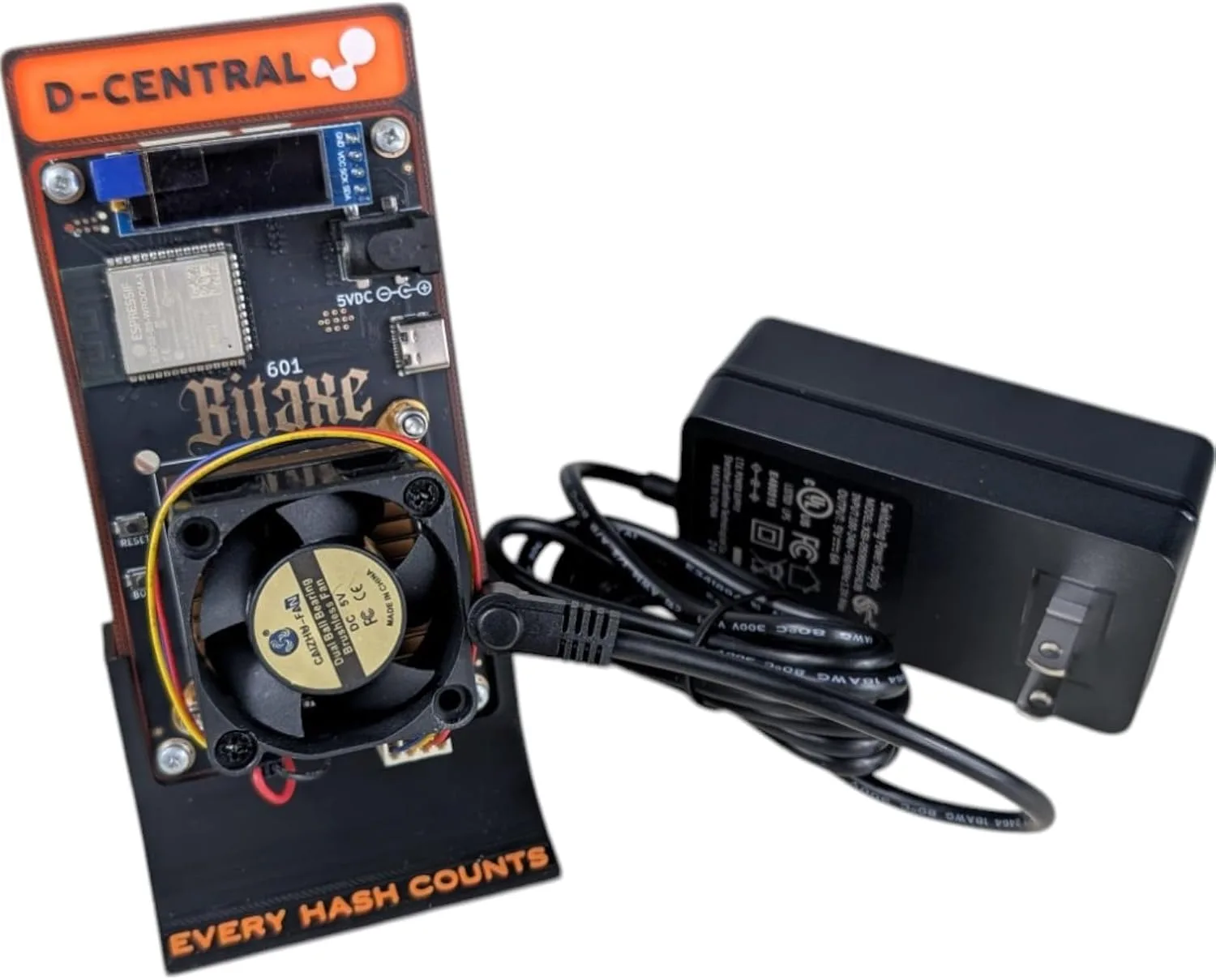 Bitaxe ASIC miner in standing case