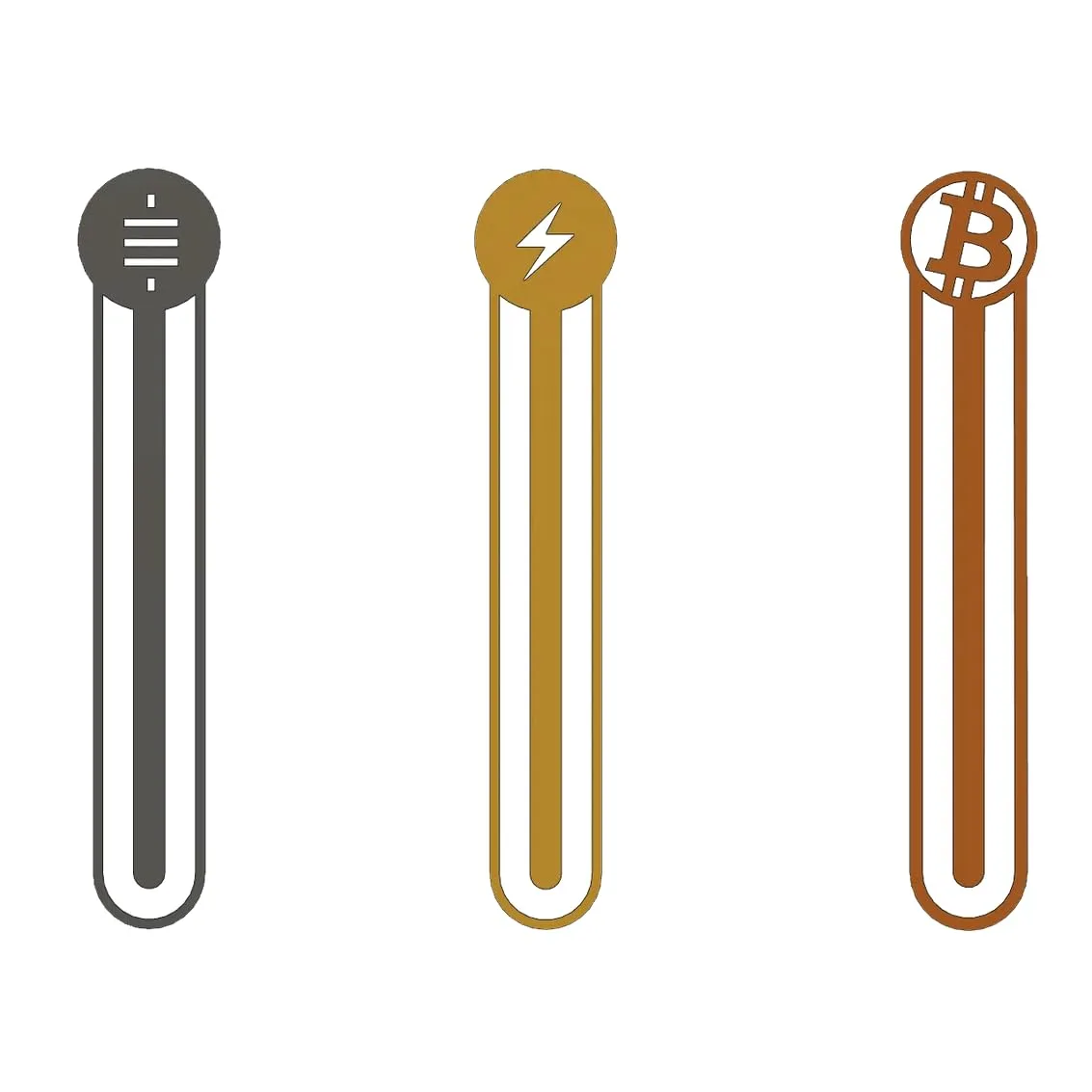 D-Central.TECH Pack of 3 Bitcoin Bookmarks | Bitcoin, Sats, and Lightning Network Designs | Premium 3D-Printed Bookmarks for Crypto Enthusiasts front view