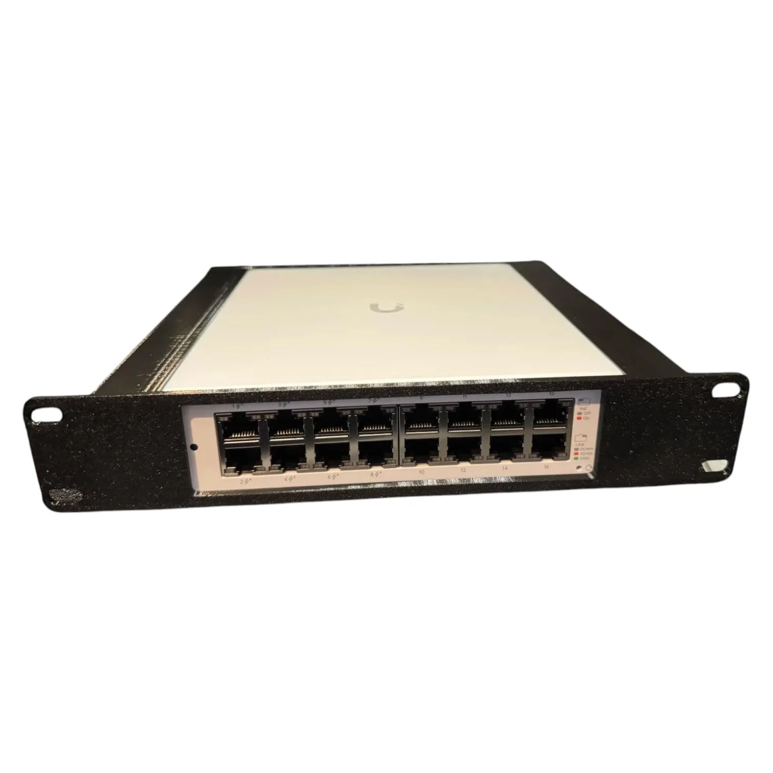 10-Inch Rack Mount for Ubiquiti Unifi USW-Lite-16 PoE – Secure Fit with Port Access and Top Cable Clearance front view