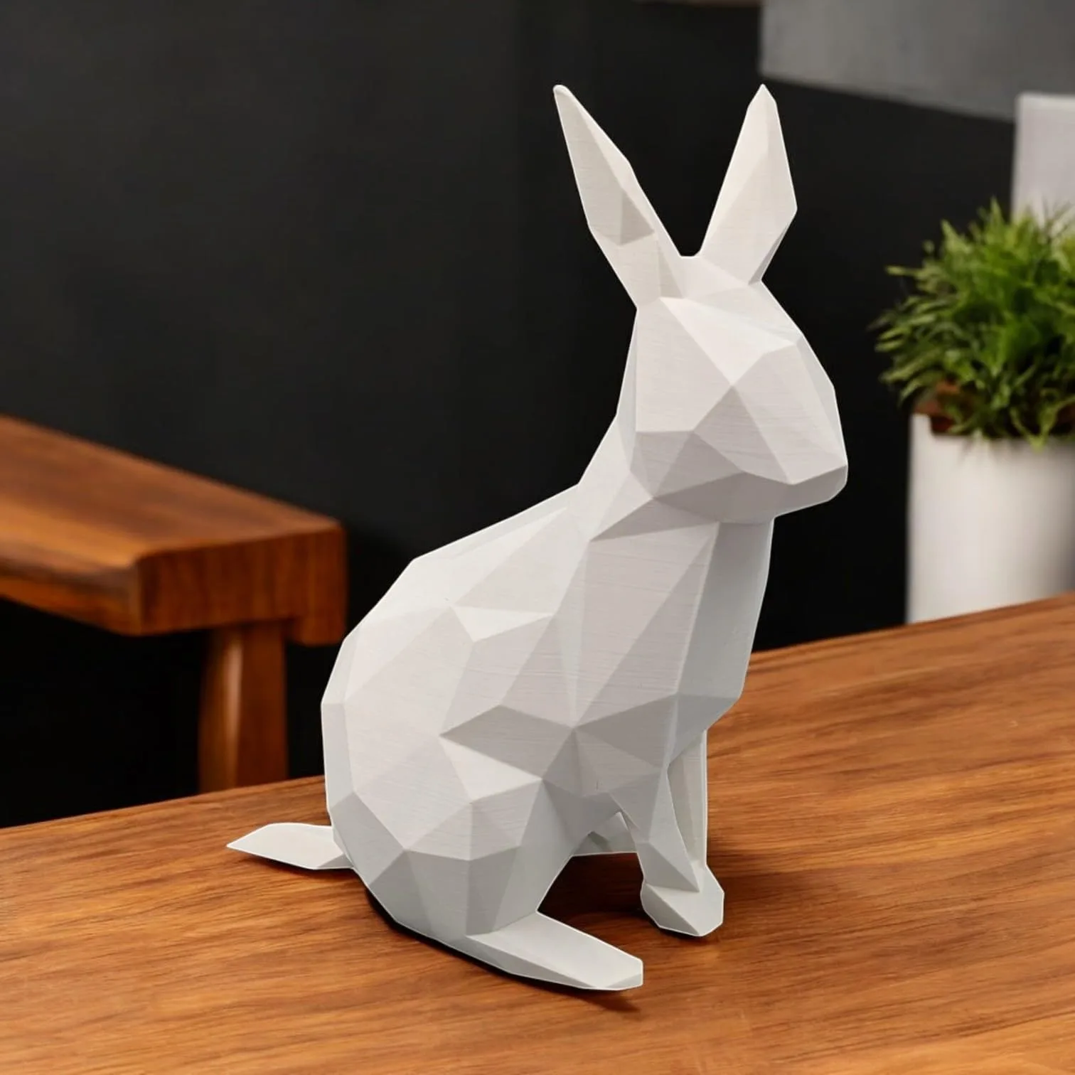 D-Central.TECH x GOBRRR.ME Low Poly White Rabbit | Modern 3D-Printed Geometric Decor | Minimalist Home & Office Sculpture front view