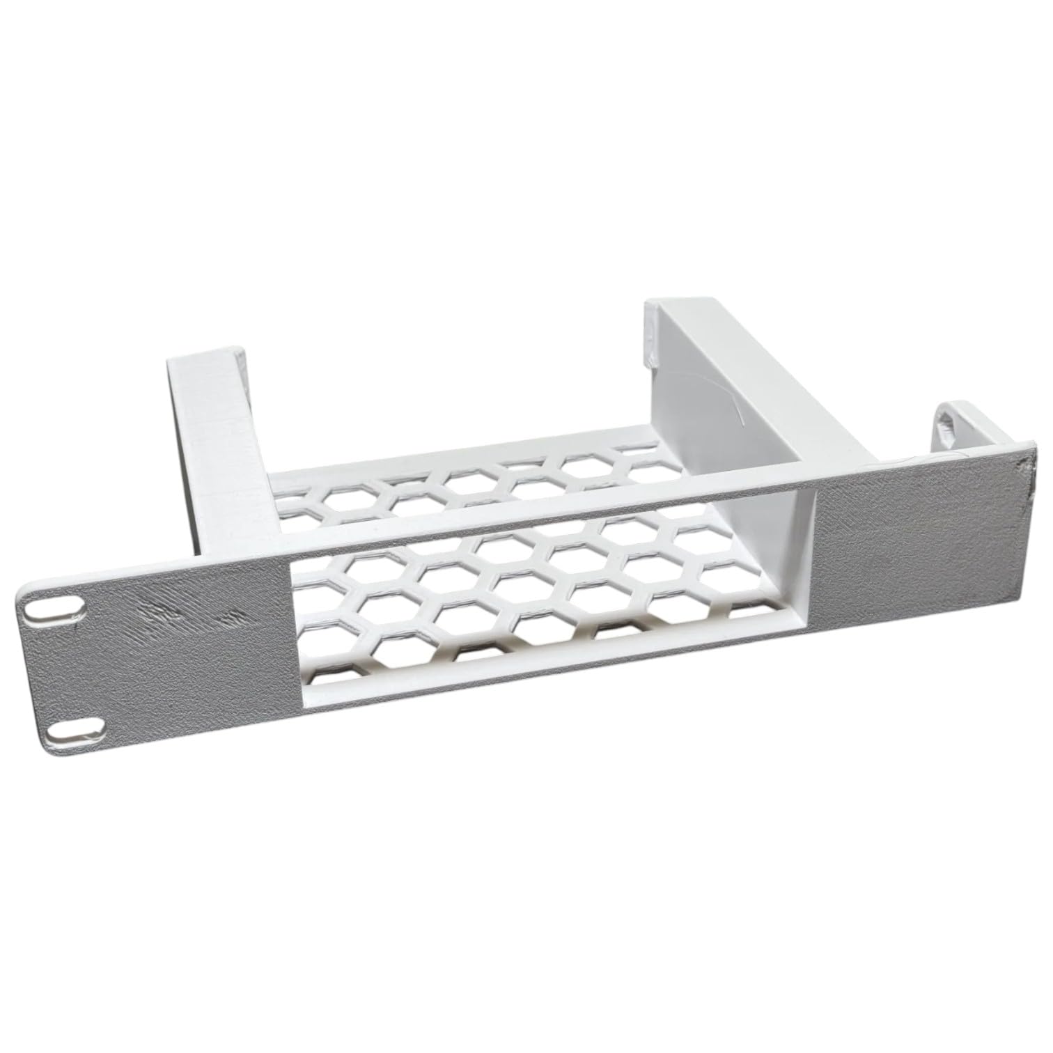 Mini PC Rack Mount for Desk or Server Rack – Custom Fit with Honeycomb Ventilation and Front I/O Access – Durable White PETG – 3D Printed in Canada – Image 3