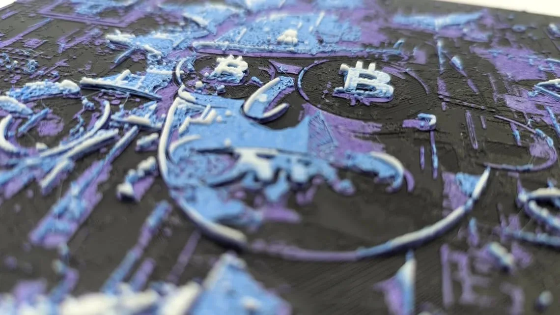 D-CENTRAL.TECH Rick and Bitcoin 3D Painting | Wubba Lubba Dub Dub Crypto Art for Bitcoin Enthusiasts | Framed & Wall Mountable | Unique Home & Office Decor, Purple/Cyan/White - Image 2