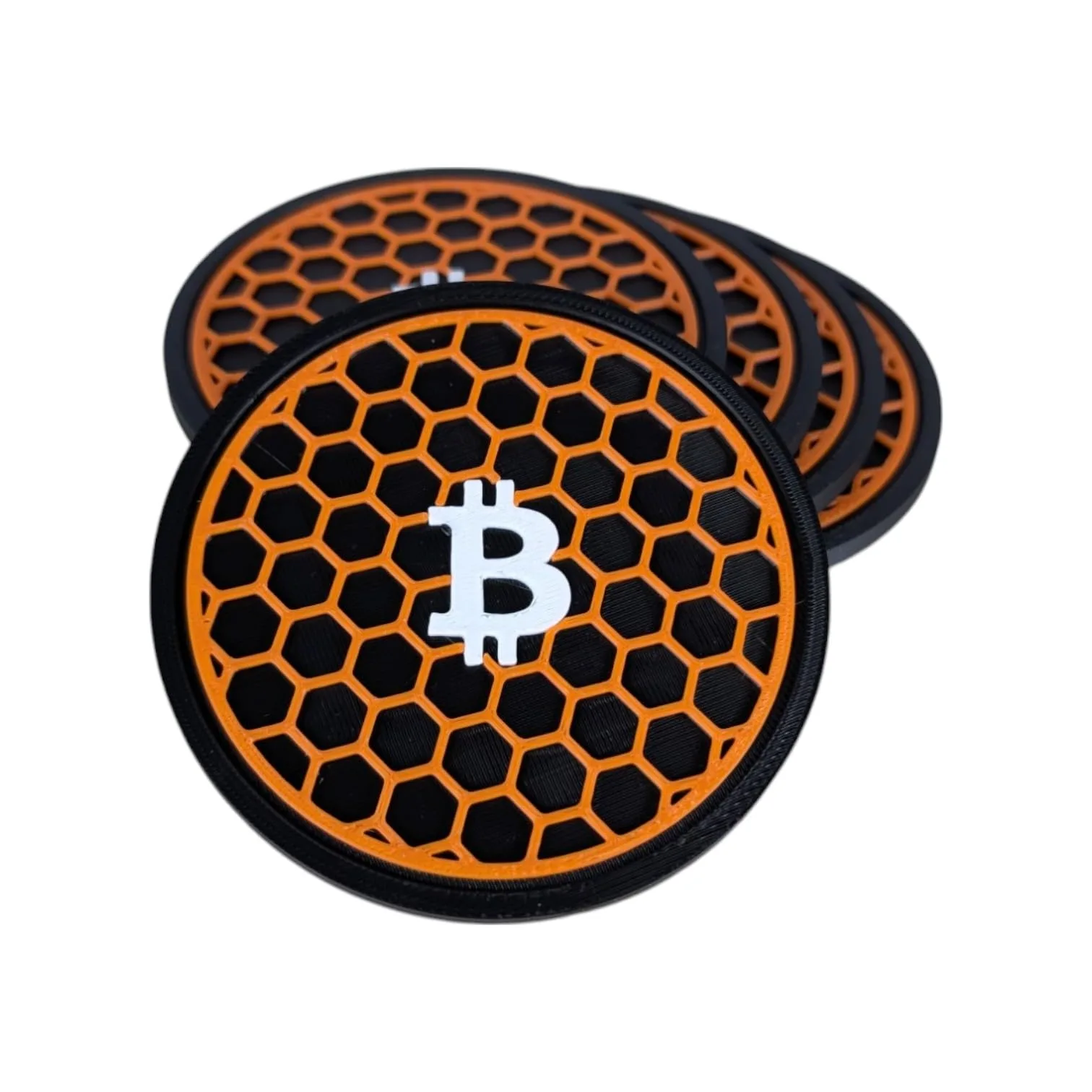 D-Central.TECH x GOBRRR.ME Set of Four (4) Bitcoin Hex Coaster | Stylish & Durable Crypto-Themed Drink Mat | 3D-Printed Design front view