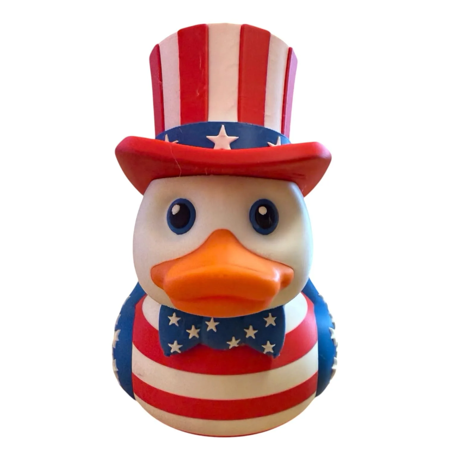 American Duck Figurine – Patriotic USA Duck Collectible with Stars & Stripes Hat and Bow Tie – Red White and Blue Desk Décor – 3D Printed in Canada front view