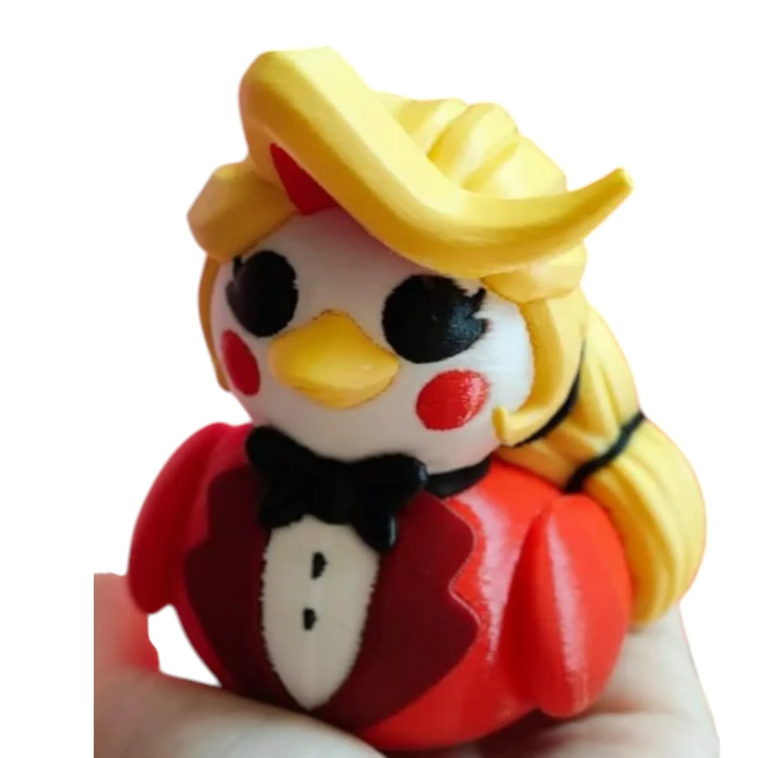 Golden Grin Duck Figurine – Red Tuxedo, Blonde Hair, Cheerful Cartoon Eyes, Cute Collectible Duck for Jeep Ducks and Décor – 3D Printed in Canada front view
