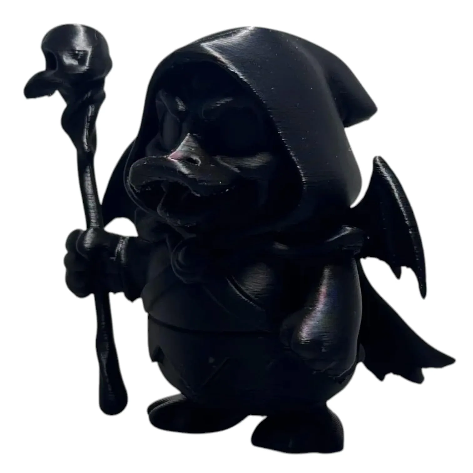 Warlock Duck Figurine – Dark Wizard Duck with Skull Staff and Bat Wings – Gothic Fantasy Collectible for Gamers & Geeks – 3D Printed in Canada front view