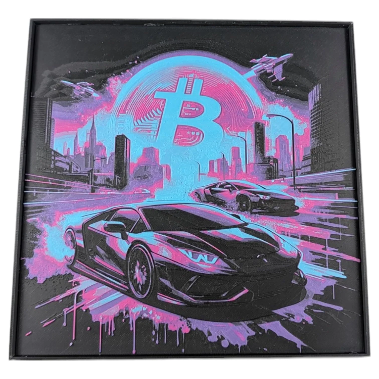 Crypto Lambo 3D Painting | Bitcoin Supercar Decor | Ready-to-Hang Elegance | Versatile Home & Office Art | Innovation in Bitcoin Culture front view
