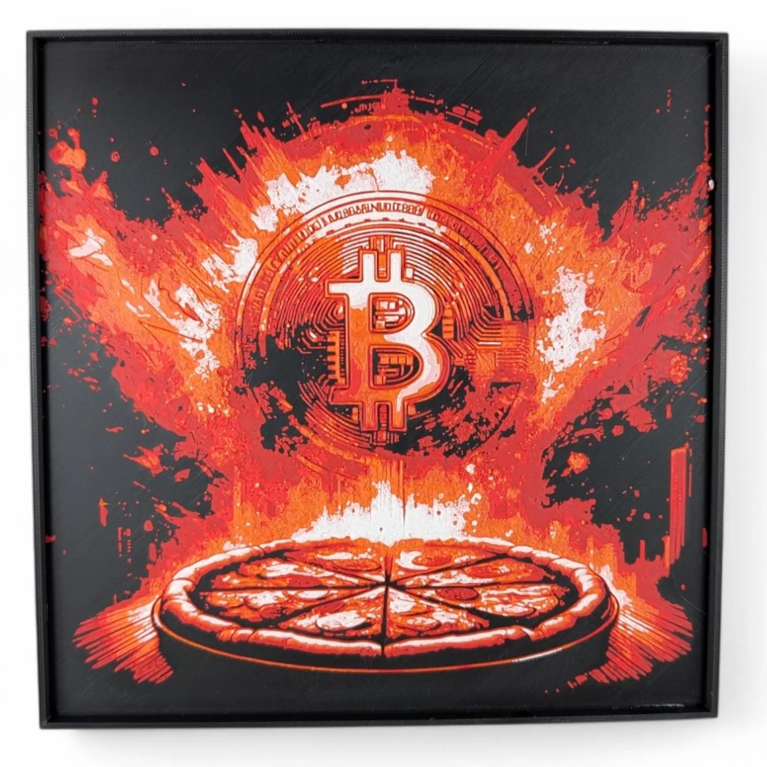 Bitcoin Pizza Painting | Fun Bitcoin Art for Crypto Enthusiasts | Premium PLA Filament | Framed & Wall Mountable | Unique Home & Office Decor front view
