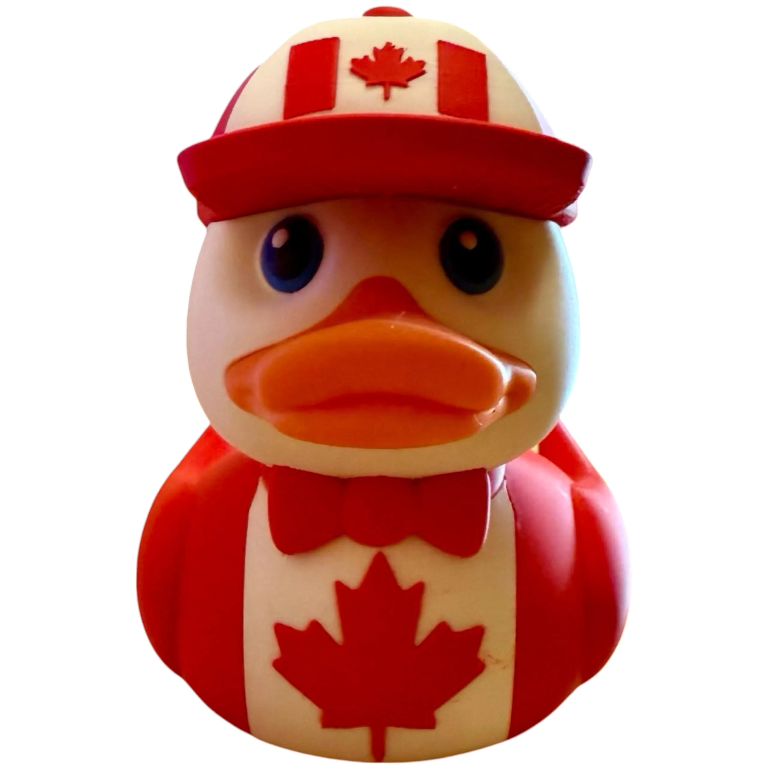 Canada Duck Figurine – Patriotic Maple Leaf Duck Collectible for Canada Day or Office Decor – Cute Red & White Desk Ornament – 3D Printed in Canada front view