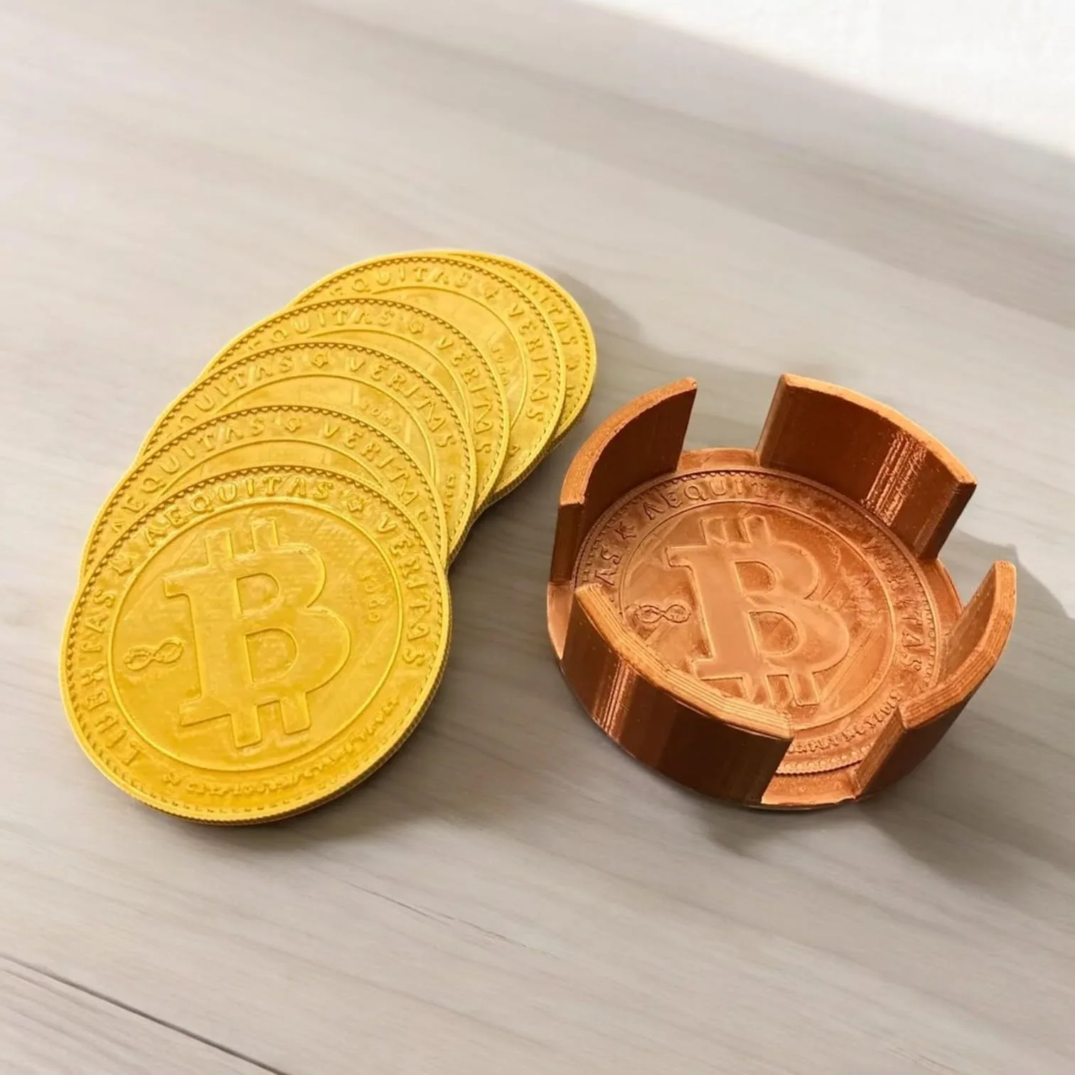 D-Central.TECH Bitcoin Coaster Set with Holder | 3D-Printed Crypto-Themed Drink Coasters | Unique Home & Office Decor front view