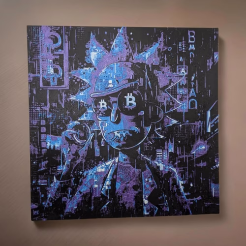 D-CENTRAL.TECH Rick and Bitcoin 3D Painting | Wubba Lubba Dub Dub Crypto Art for Bitcoin Enthusiasts | Framed & Wall Mountable | Unique Home & Office Decor, Purple/Cyan/White