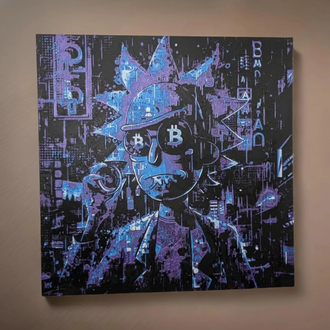 D-CENTRAL.TECH Rick and Bitcoin 3D Painting | Wubba Lubba Dub Dub Crypto Art for Bitcoin Enthusiasts | Framed & Wall Mountable | Unique Home & Office Decor, Purple/Cyan/White front view