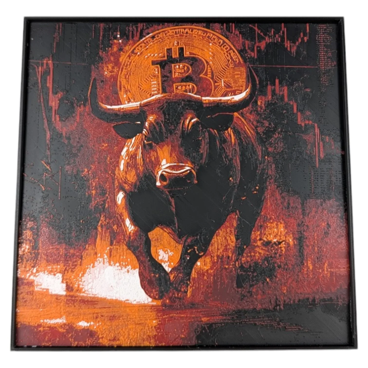 Bitcoin Charging Bull 3D Painting | Unique Cryptocurrency Collector’s Piece | Premium PLA Filament | Framed & Wall Mountable | Unique Home & Office Decor front view
