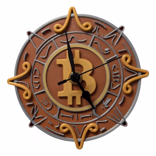 Bitcoin Wall Clock, 3D Printed Aztec Design, Vintage Cryptocurrency Decor, Silent Quartz Movement