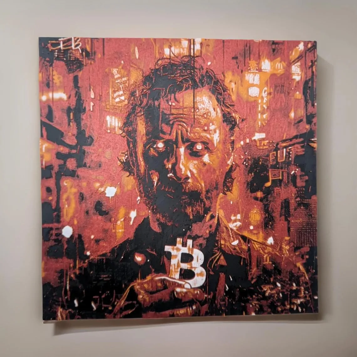 D-CENTRAL.TECH Rick’s Bitcoin Awakening 3D Painting | Post-Apocalyptic Crypto Art for Bitcoin Enthusiasts | Framed & Wall Mountable | Unique Home & Office Decor, Red/Orange/Black