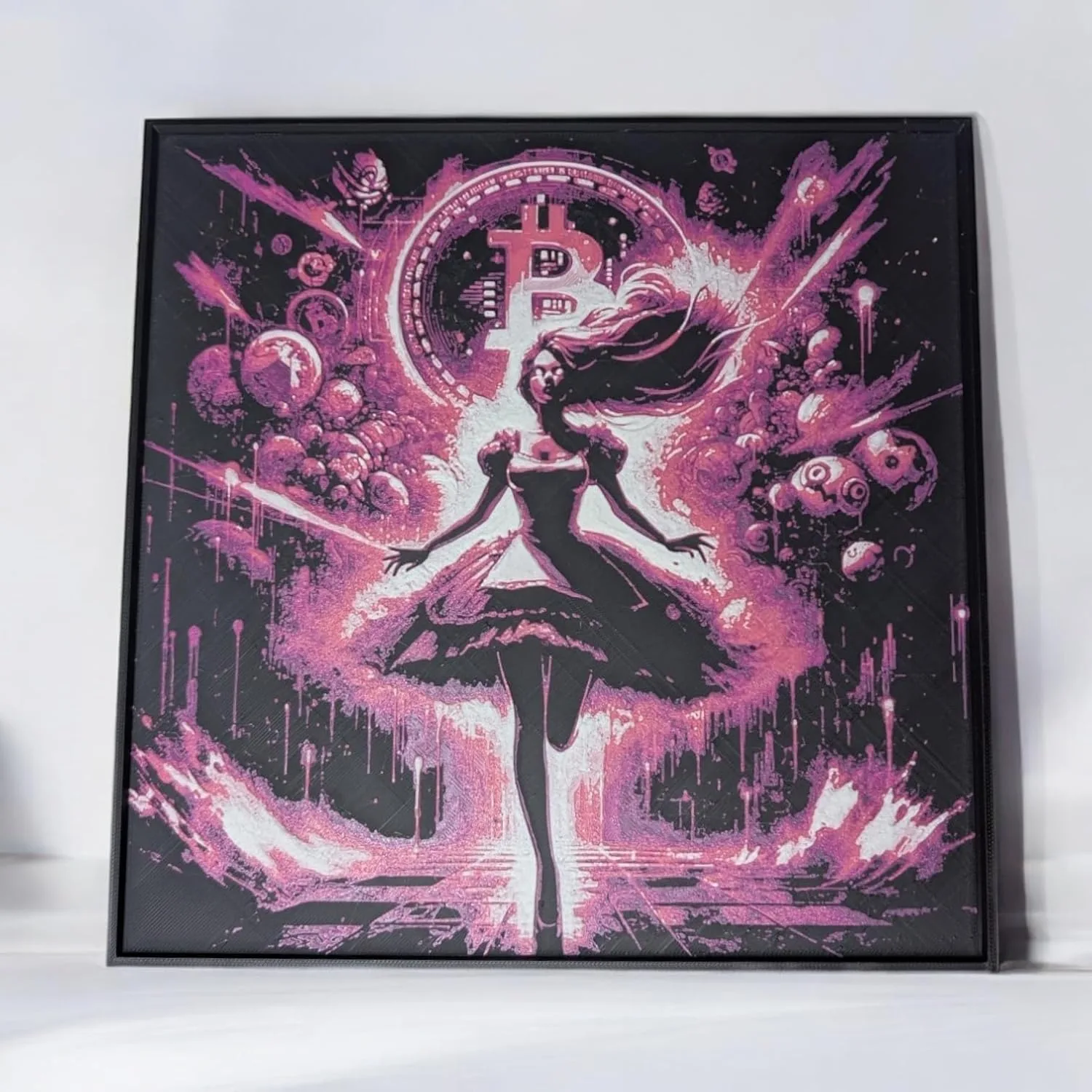Bitcoin Alice 3D Painting | Whimsical Crypto Decor | Vivid PLA Craftsmanship | Ready to Hang | Enchanting Art for Home/Office | Conversation Starter front view