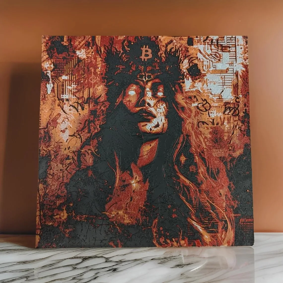 D-CENTRAL.TECH Corrupted Bitcoin Queen 3D Painting | Bold Crypto Art for Bitcoin Enthusiasts | Framed & Wall Mountable | Unique Home & Office Decor, Fiery Red/Orange/Black front view