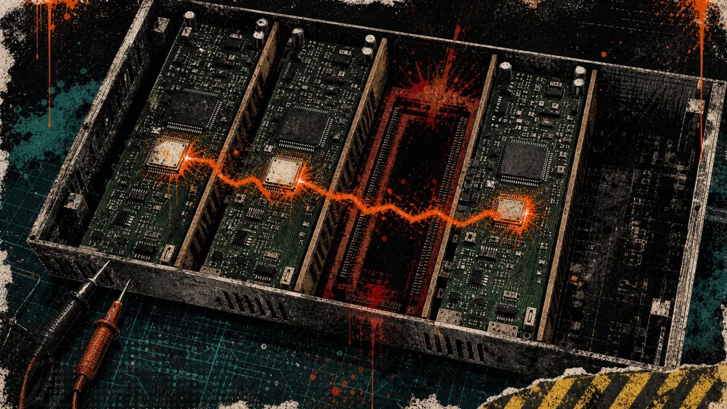 D-Central house illustration: an ASIC chassis opened on a bench with three hashboards seated, one of them dark, and a multimeter probe beside it.