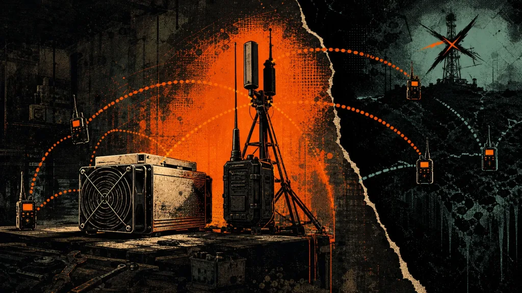 D-Central house illustration: an ASIC miner running on a bench beside a mast of LoRa mesh radios, message paths routing around a dead communications tower.