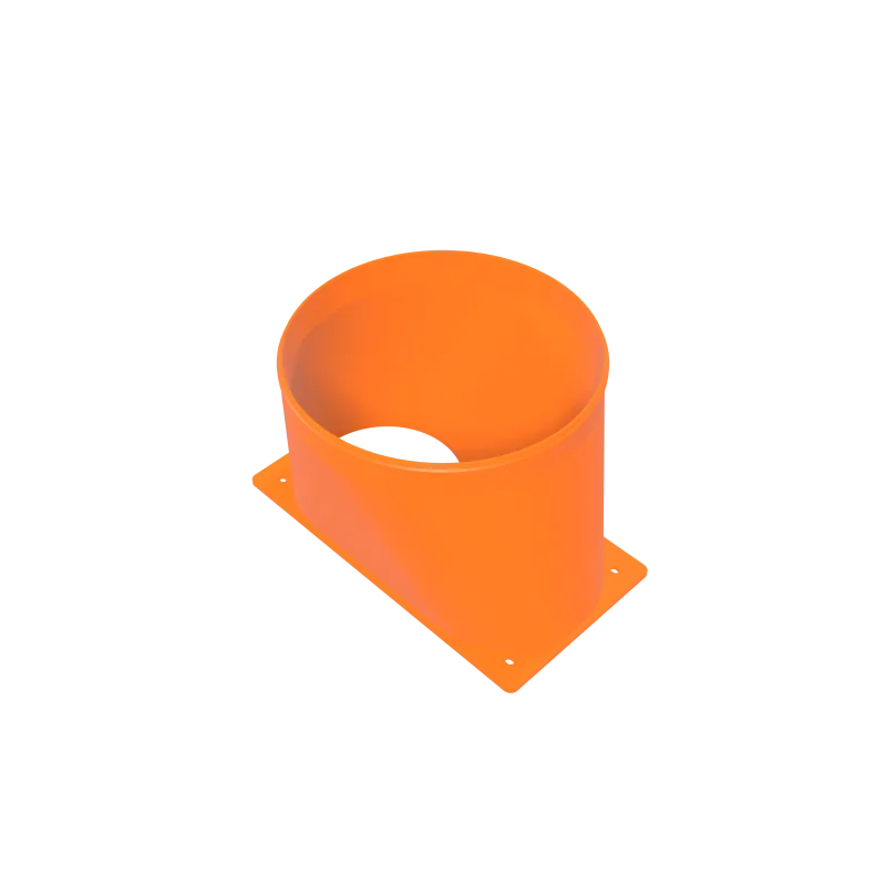 Orange PETG shroud adapting twin 120 mm Antminer fans to a single 8-inch duct.